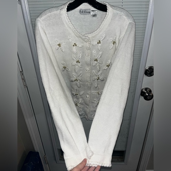 BP Design White Medium Christmas Winter Knit Ramie Cotton Button Cardigan - Picture 5 of 5